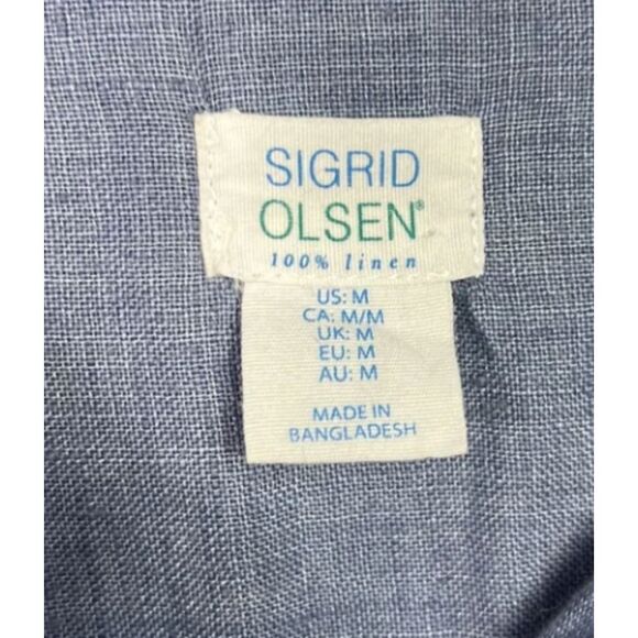 Sigrid Olsen Blue Linen Button Up Shirt 3/4 Shirred Sleeves Feminine Size Medium - Picture 4 of 6